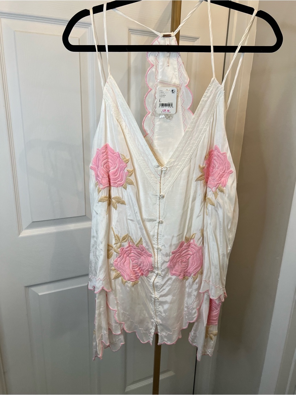 Free People White Floral Embroidered Cami with Pink Roses - Picture 4 of 5
